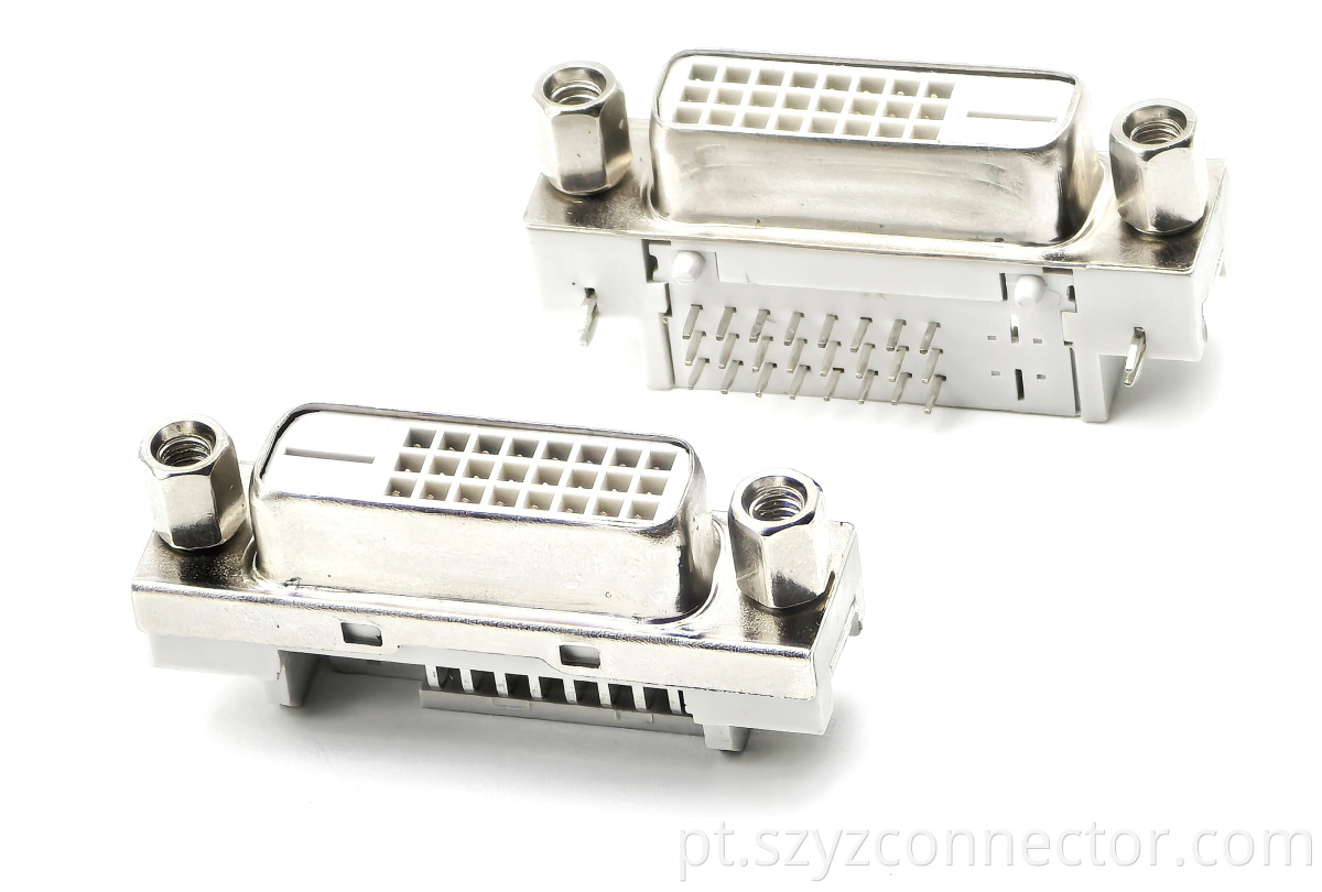 Conector DVI Ângulo Direito DIP Fêmea Com Chapeamento De Ouro Seletivo e Rebitagem Incluindo Parafusos Branco 29P DVI Connector Right Angle DIP Female With Selective Gold Plating and Riveting Including Screws White 29P